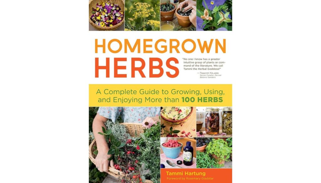 Cover of Homegrown Herbs by Tammi Hartung with vibrant herb photos and gardening scenes