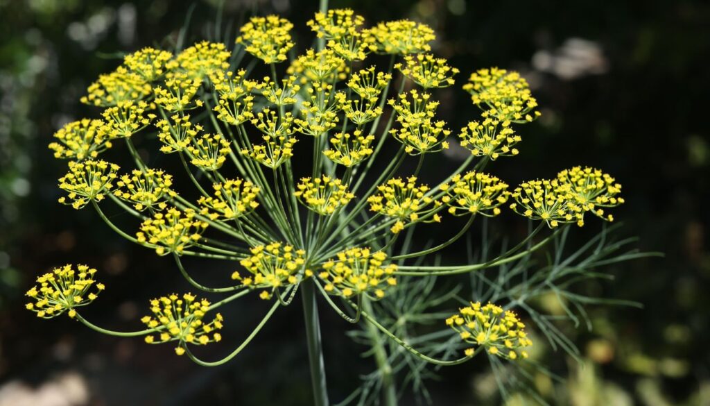 Young dill plants emerging from the soil, bathed in sunlight.
