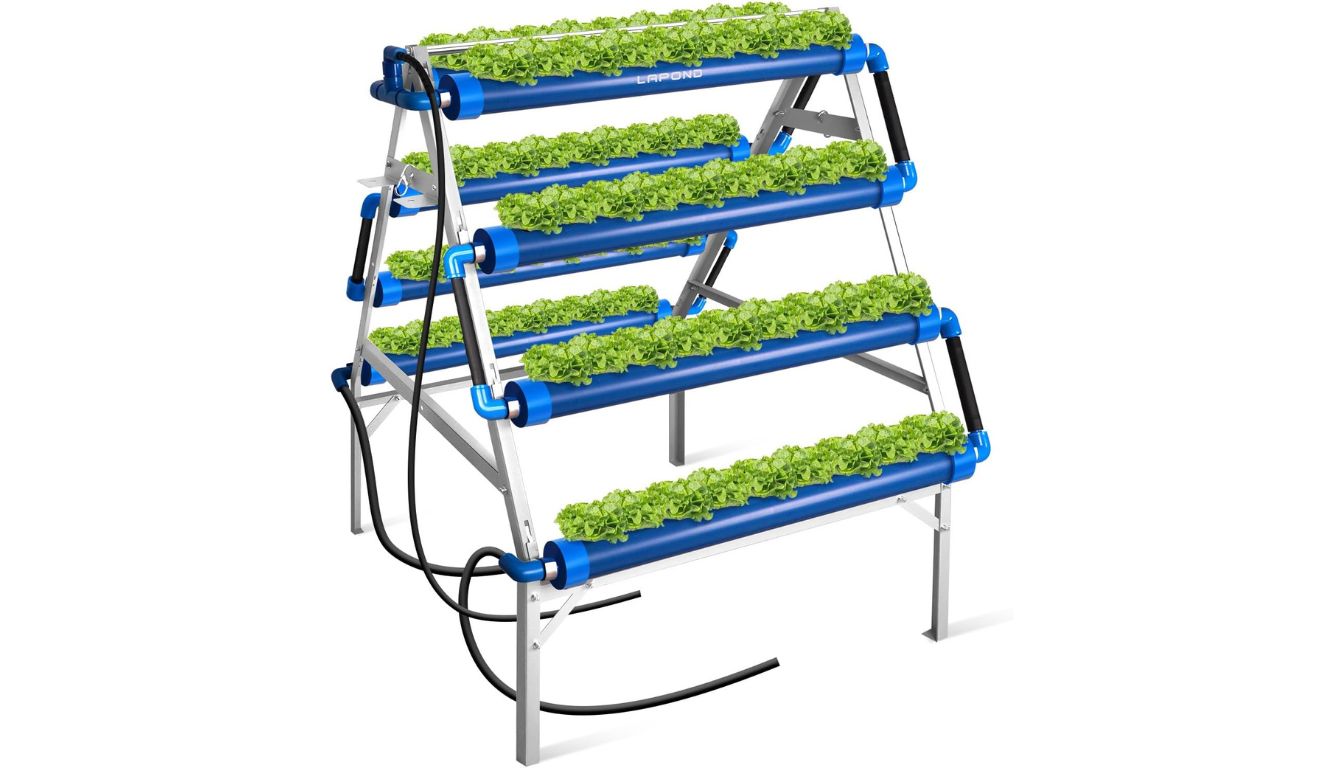 LAPOND A-Type hydroponic system with leafy greens growing in tiered blue tubes