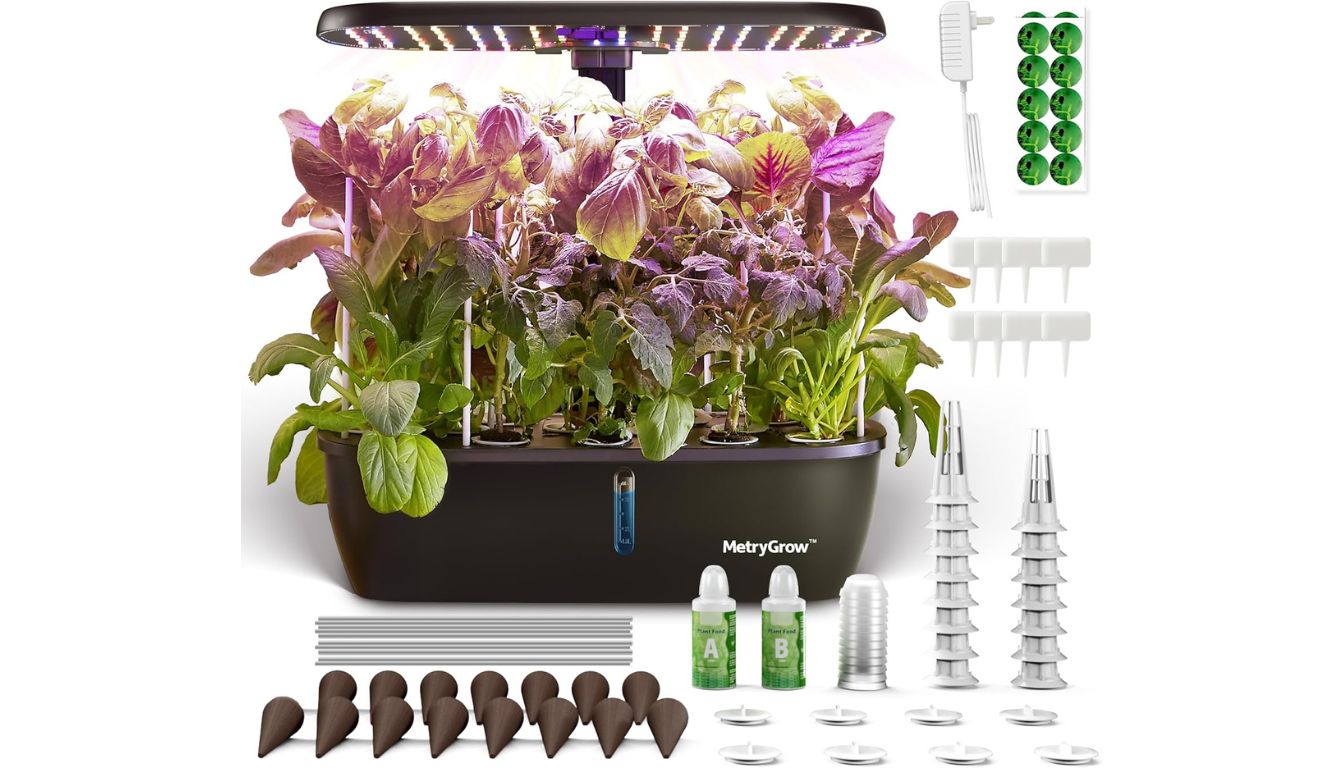 MG-15 hydroponic indoor garden system with LED light and growing herbs
