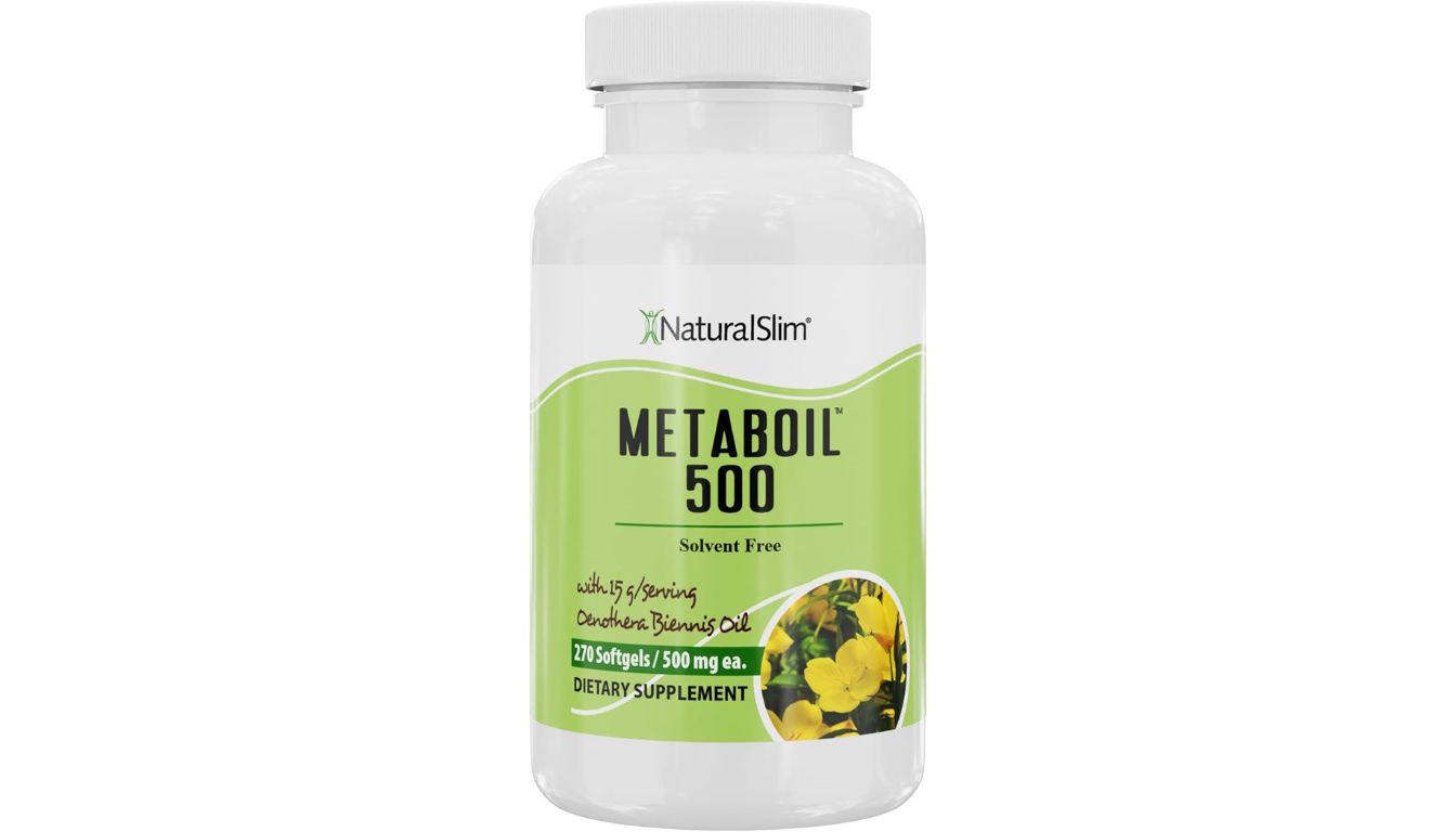 NaturalSlim Metaboil 500 evening primrose oil supplement bottle with 270 softgels