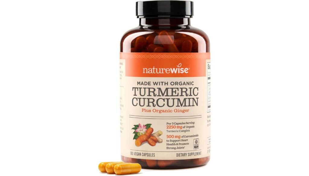 NatureWise turmeric curcumin supplement bottle with orange capsules