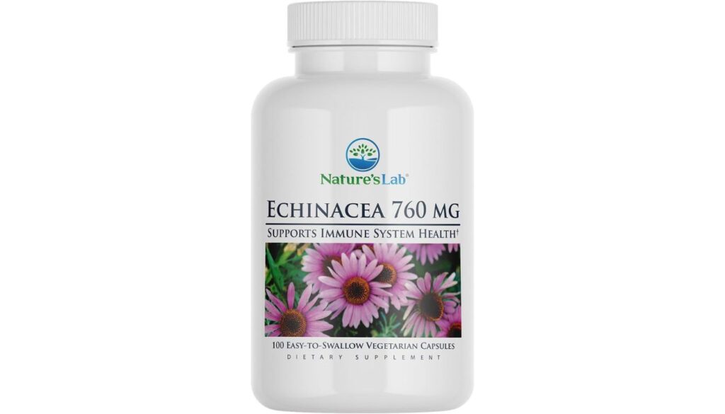 Nature's Lab Echinacea 760mg supplement bottle with immune support label and purple flowers
