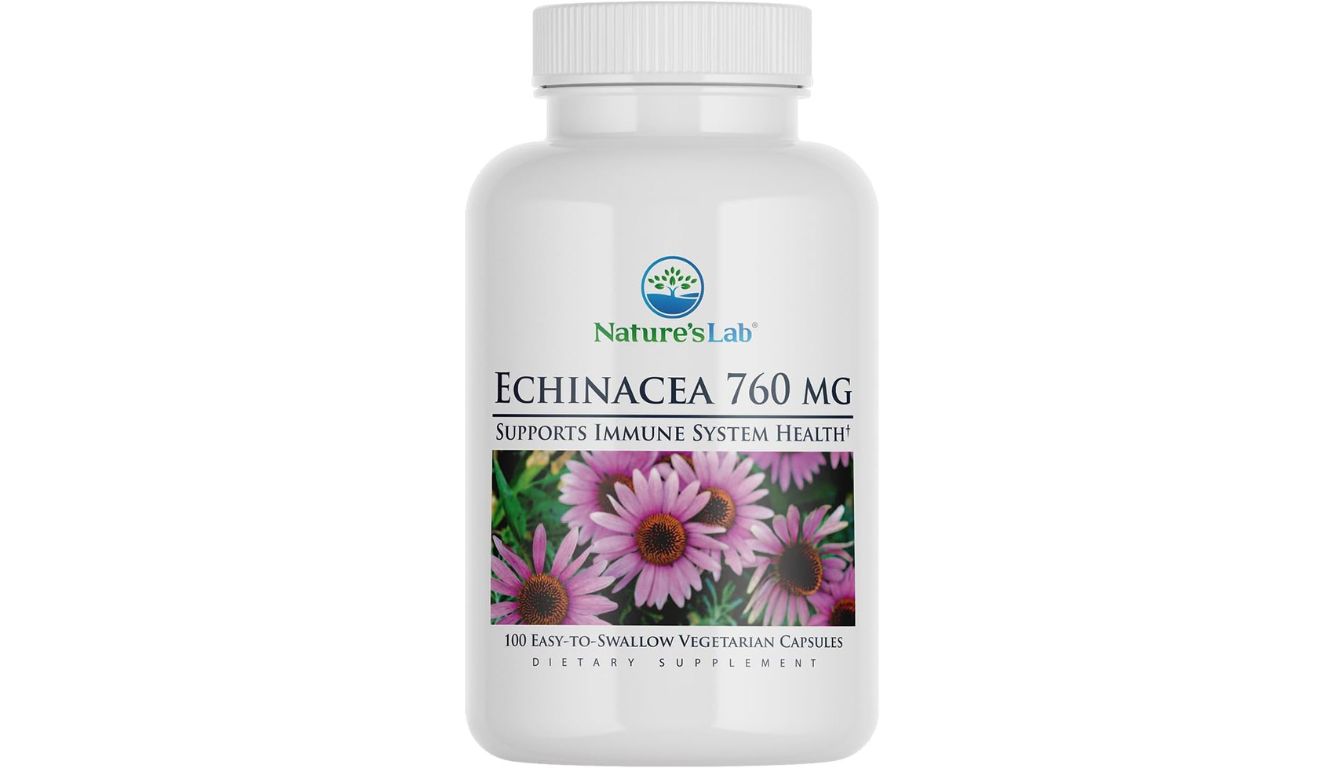 Nature's Lab Echinacea 760mg supplement bottle with immune support label and purple flowers