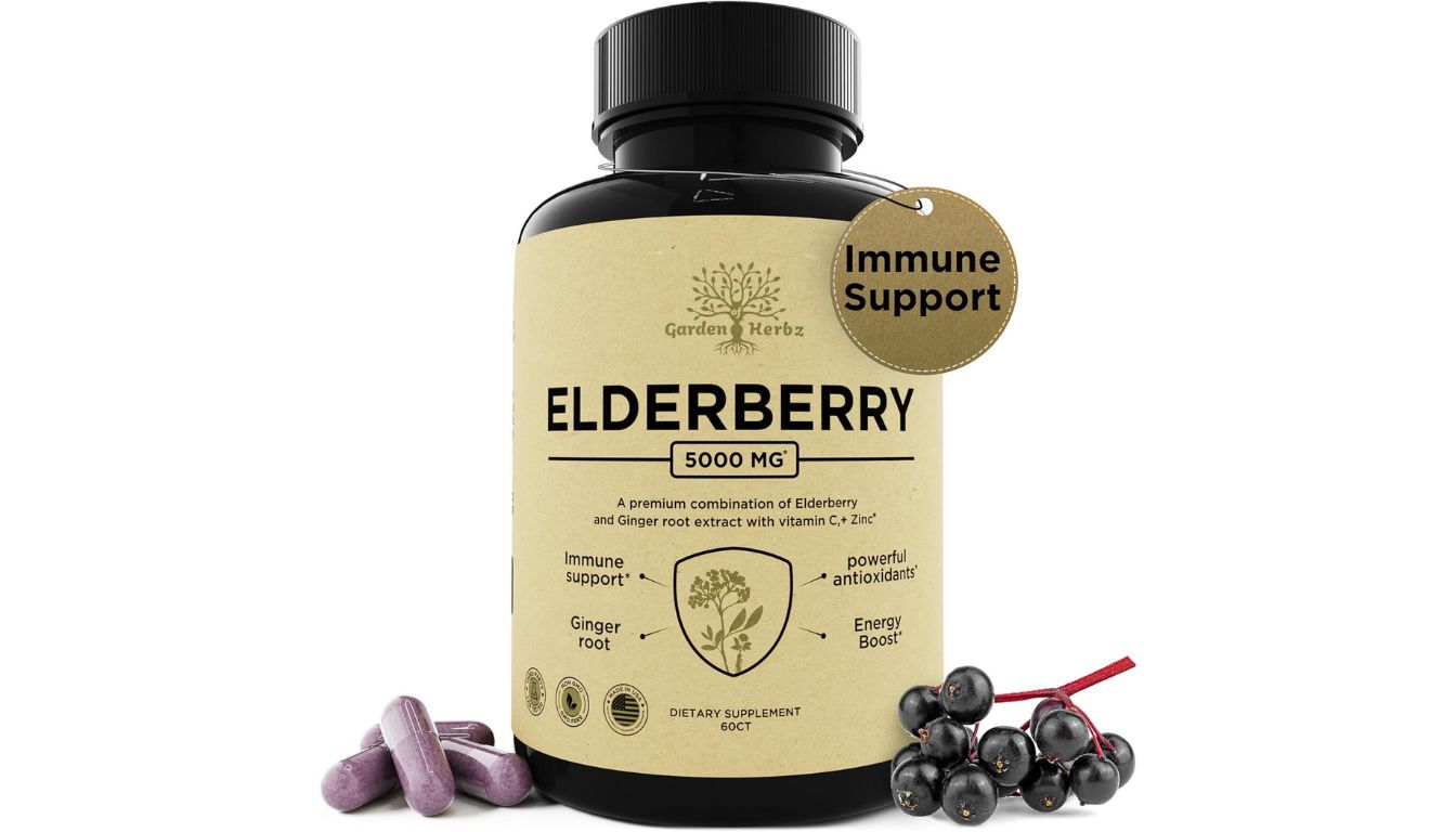 Nature's Way Sambucus elderberry gummies bottle with immune support label and berry imagery
