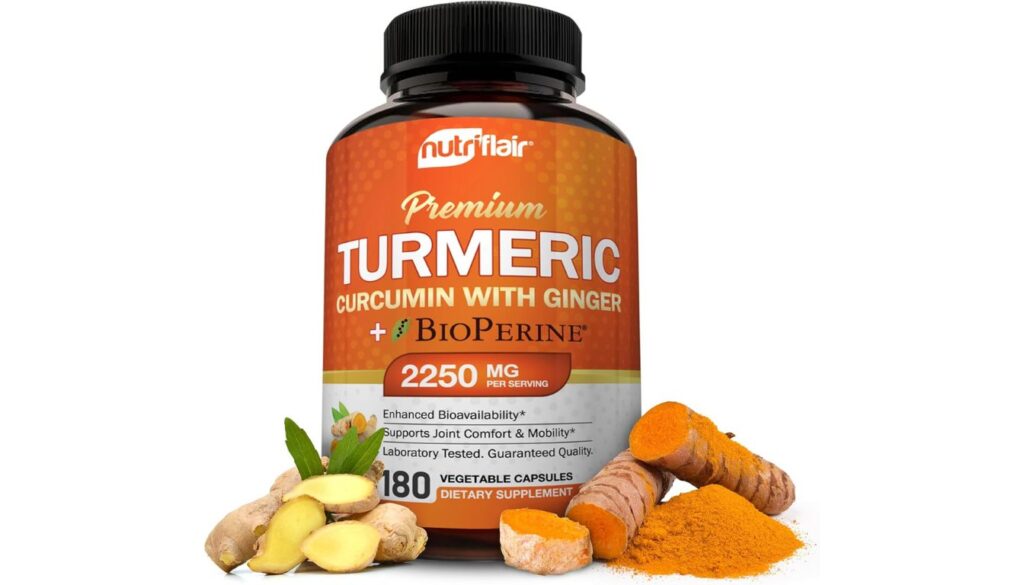 NutriFlair turmeric curcumin supplement bottle with ginger and BioPerine