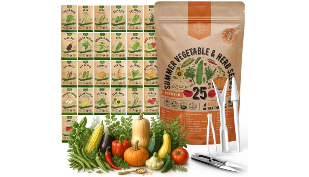 Organo Republic seed kit with 25 summer veggie and herb packets on display