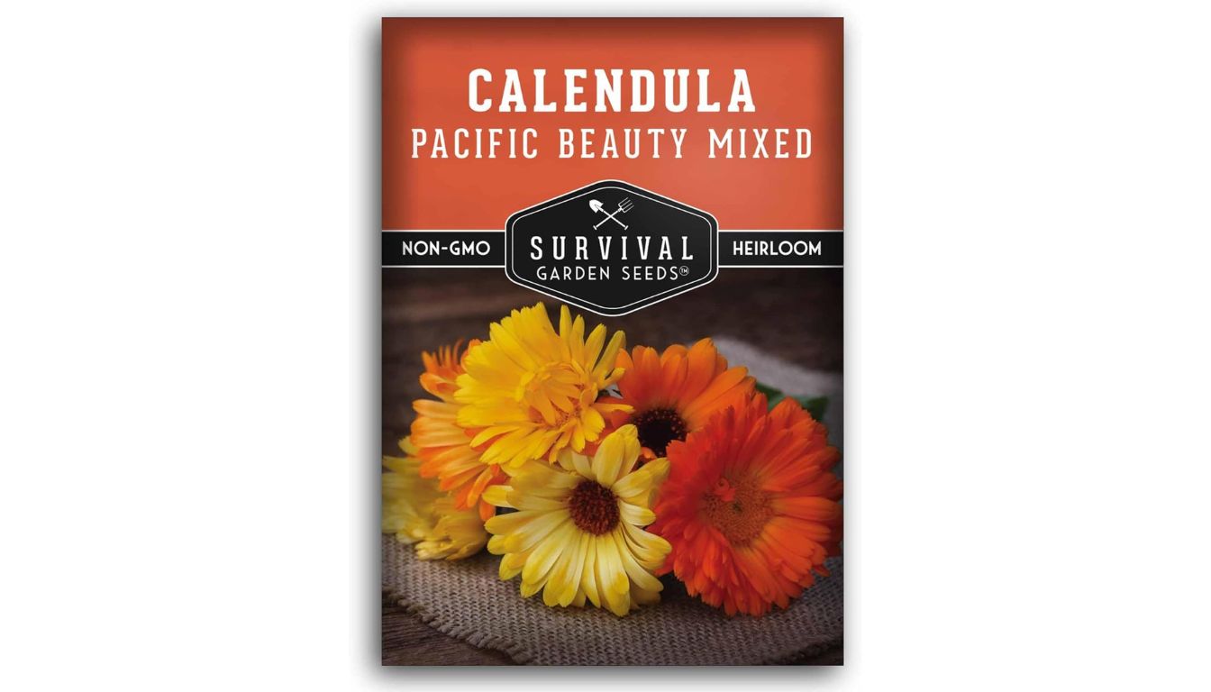 Survival Garden Seeds Pacific Beauty Mix Calendula seed packet with heirloom, non-GMO label and vibrant yellow-orange flowers