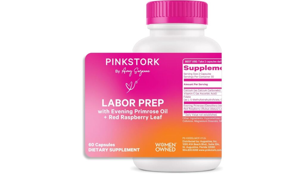 Pink Stork Labor Prep supplement bottle with evening primrose and raspberry leaf