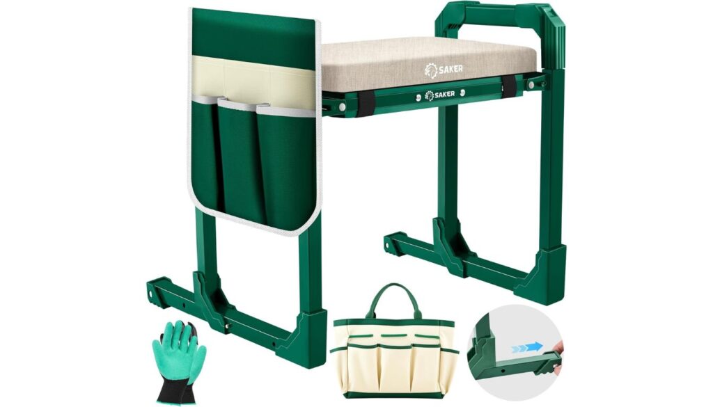 Foldable Saker garden kneeler and seat with tool pouch, gloves, and storage bag