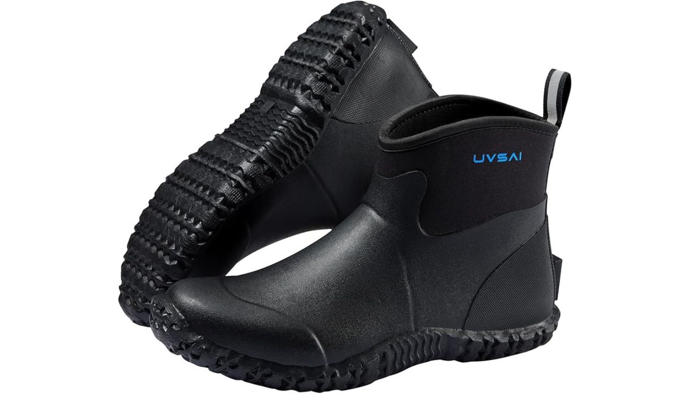 Black waterproof garden boots with rugged soles and flexible neoprene upper