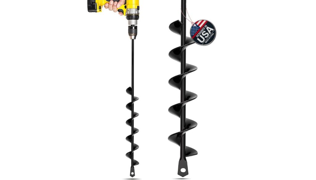 Sproot garden auger drill bit attached to cordless drill for digging post holes