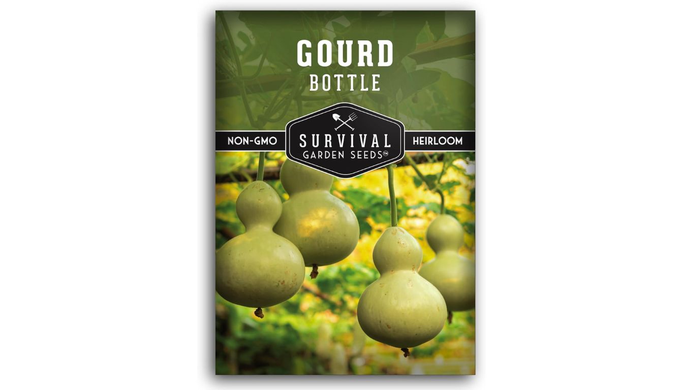 Survival Garden Seeds Bottle Gourd seed packet with heirloom, non-GMO label and gourds hanging from vines
