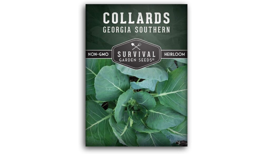 Survival Garden Seeds Collard Green seed packet with heirloom, non-GMO label and vibrant Georgia Southern collard leaves