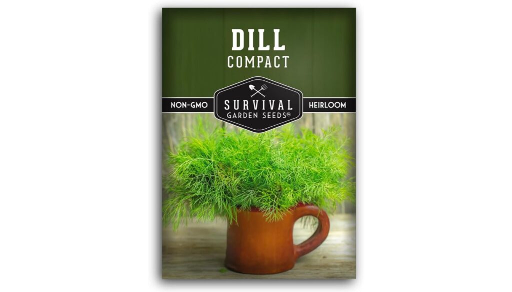 Survival Garden Seeds compact dill seed packet with heirloom, non-GMO label and dill growing in a ceramic mug