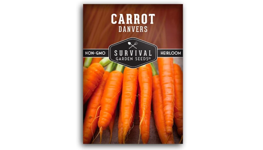 Survival Garden Seeds Danvers Carrot seed packet with heirloom, non-GMO label and fresh orange carrots with green tops