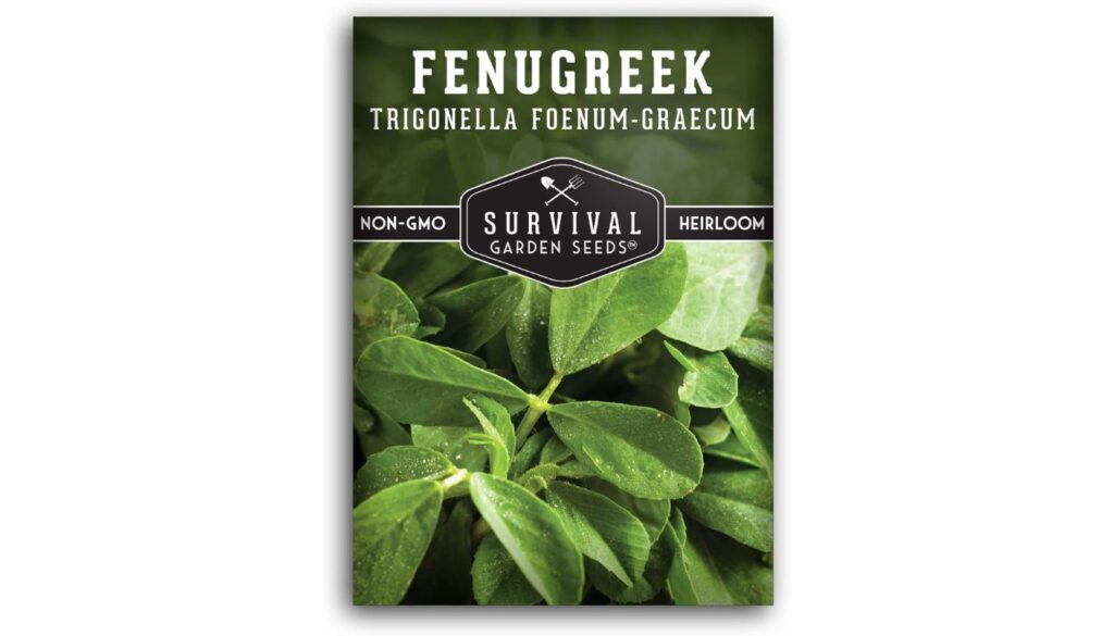 Survival Garden Seeds fenugreek seed packet labeled heirloom and non-GMO with fresh green leaves