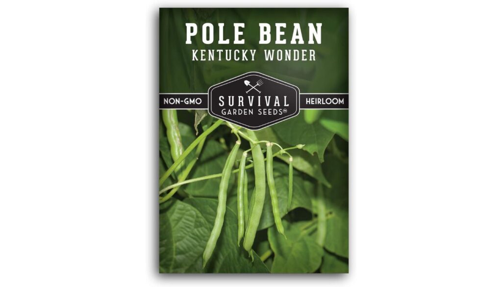 Survival Garden Seeds Kentucky Wonder Pole Bean seed packet with heirloom, non-GMO label and green beans growing on lush vines