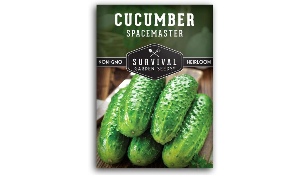 Survival Garden Seeds Spacemaster Cucumber seed packet with heirloom, non-GMO label and fresh green cucumbers on wood surface