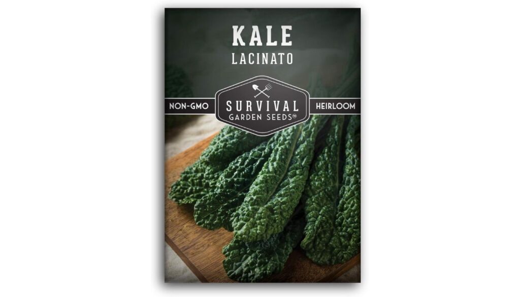 Survival Garden Seeds Lacinato Kale seed packet with heirloom, non-GMO label and dark green textured leaves