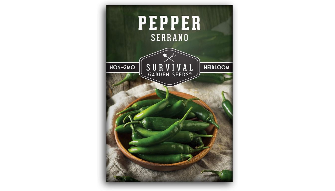 Survival Garden Seeds Serrano Pepper seed packet with heirloom, non-GMO label and fresh green peppers in a bowl