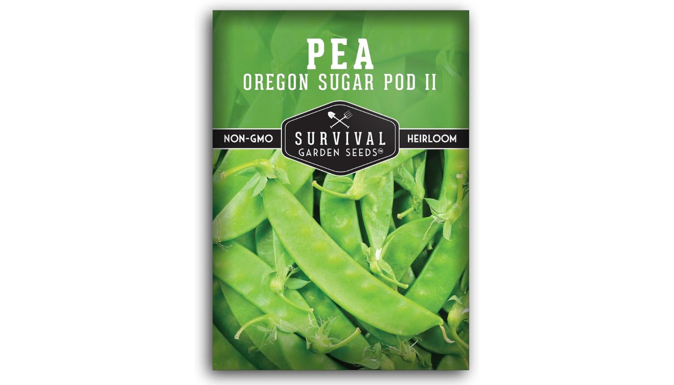Survival Garden Seeds Oregon Sugar Pod II Pea seed packet with heirloom, non-GMO label and fresh green pea pods