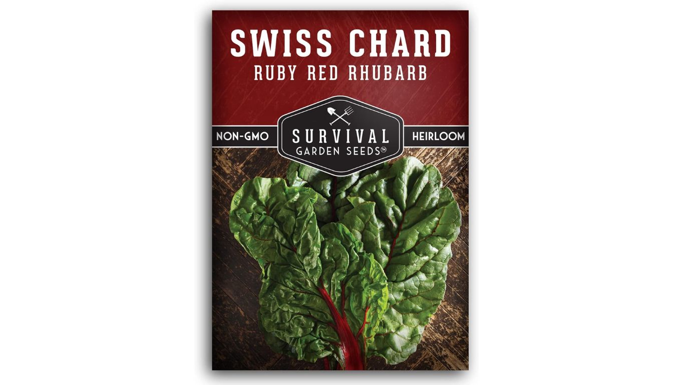 Survival Garden Seeds Ruby Red Rhubarb Swiss Chard seed packet with heirloom, non-GMO label and vibrant red-stemmed greens