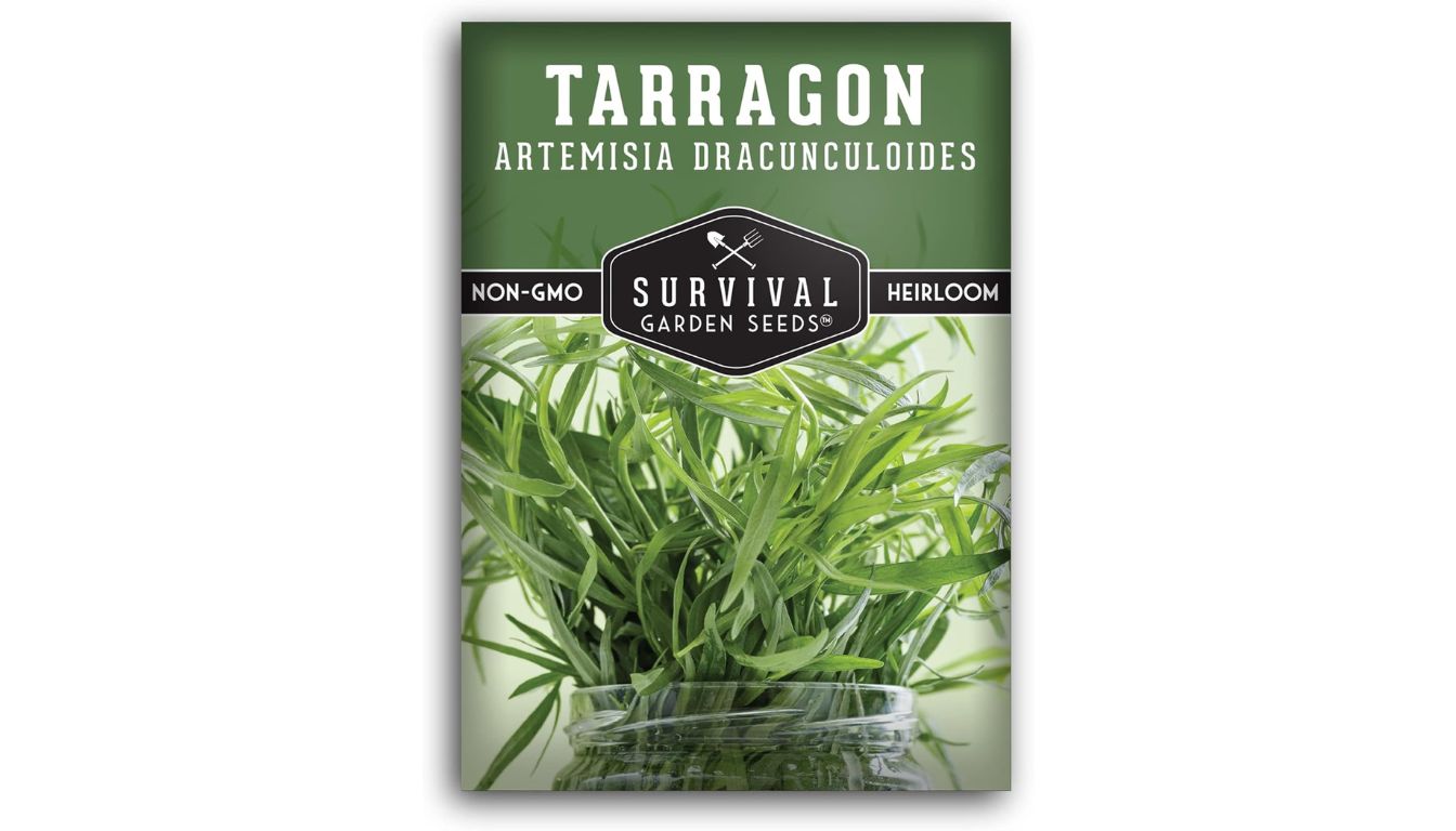 Survival Garden Seeds Russian Tarragon seed packet with heirloom, non-GMO label and fresh tarragon leaves