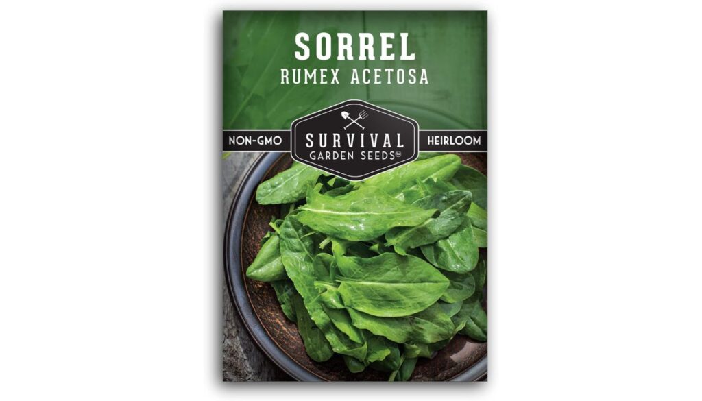 Survival Garden Seeds sorrel seed packet with heirloom, non-GMO label and fresh green Rumex acetosa leaves in a bowl