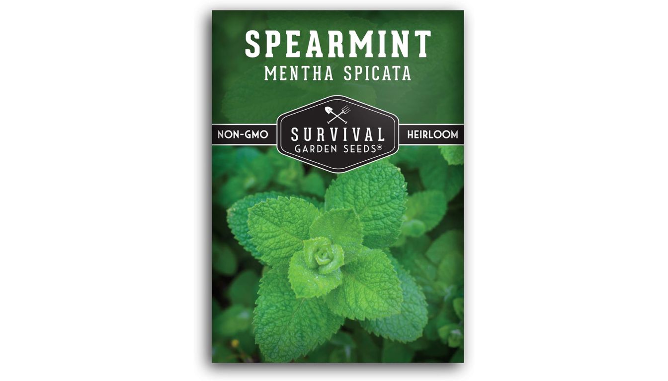 Survival Garden Seeds spearmint packet with heirloom, non-GMO label and vibrant green leaves