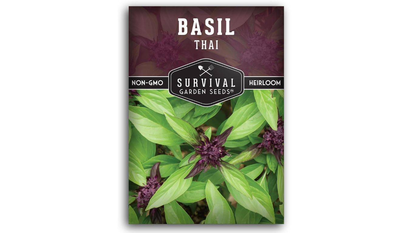 Survival Garden Seeds Thai basil seed packet with heirloom, non-GMO label and fresh basil leaves