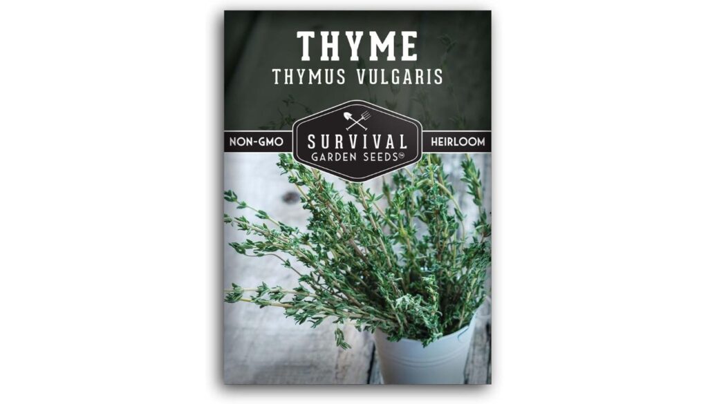 Survival Garden Seeds thyme seed packet with heirloom, non-GMO label and green Thymus vulgaris sprigs in a white container