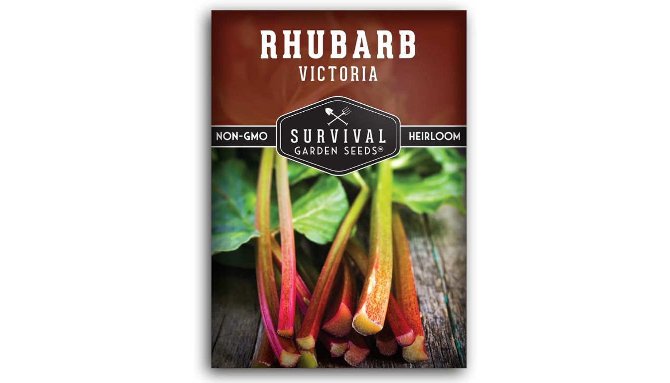 Survival Garden Seeds Victoria Rhubarb seed packet with heirloom, non-GMO label and fresh rhubarb stalks on wood surface