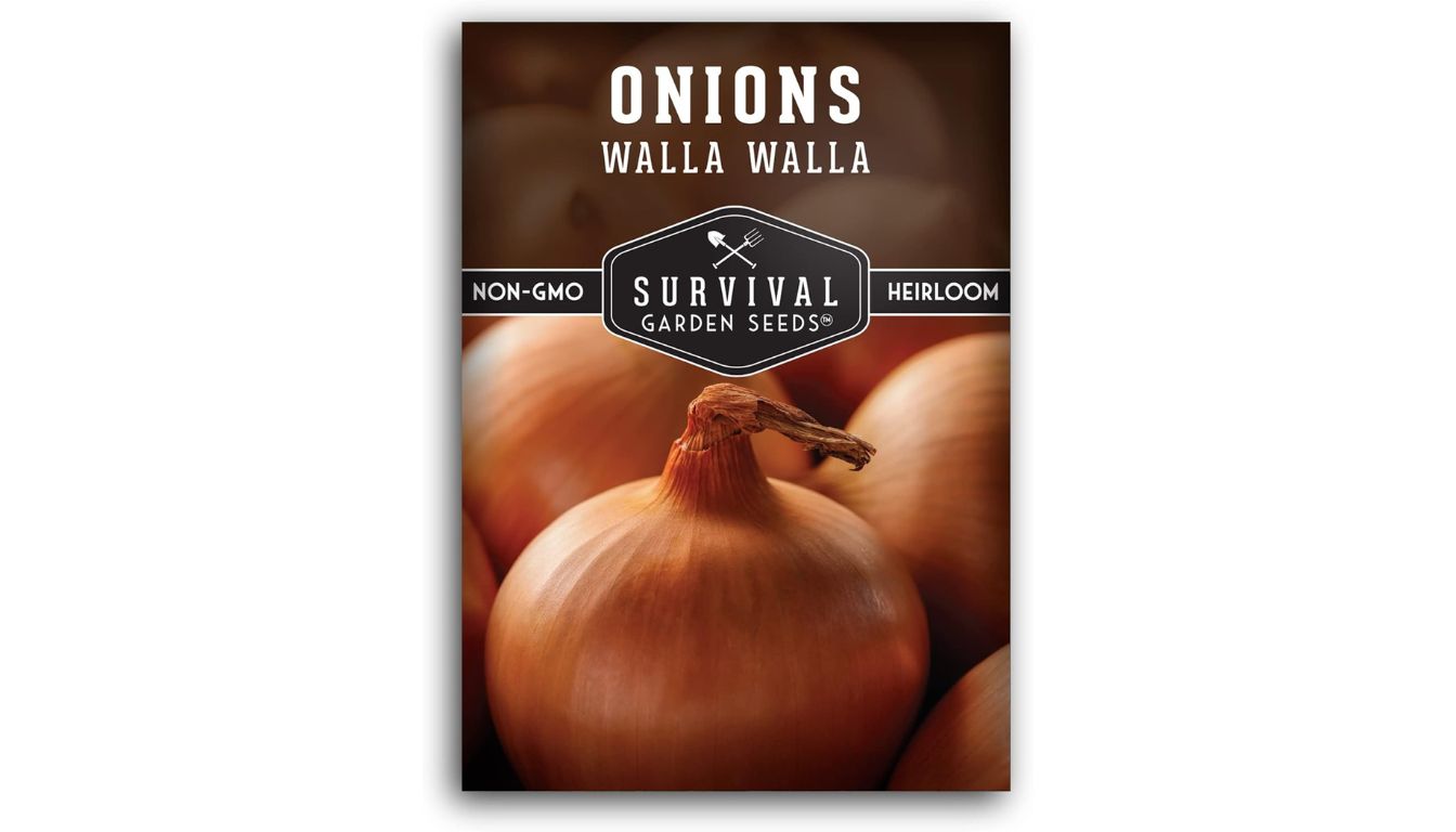 Survival Garden Seeds Walla Walla Sweet Onion seed packet with heirloom, non-GMO label and fresh brown onions