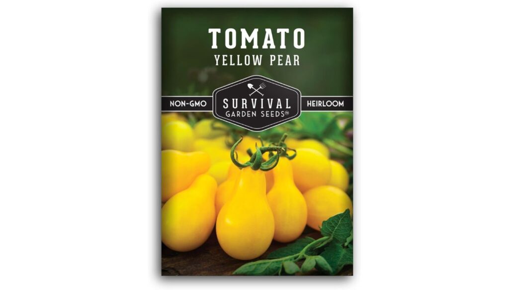 Survival Garden Seeds Yellow Pear Tomato seed packet with heirloom, non-GMO label and ripe yellow pear-shaped tomatoes