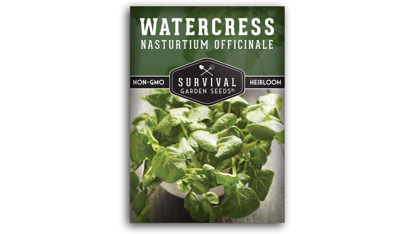Survival Garden Seeds watercress seed packet with heirloom, non-GMO label and fresh green Nasturtium officinale leaves