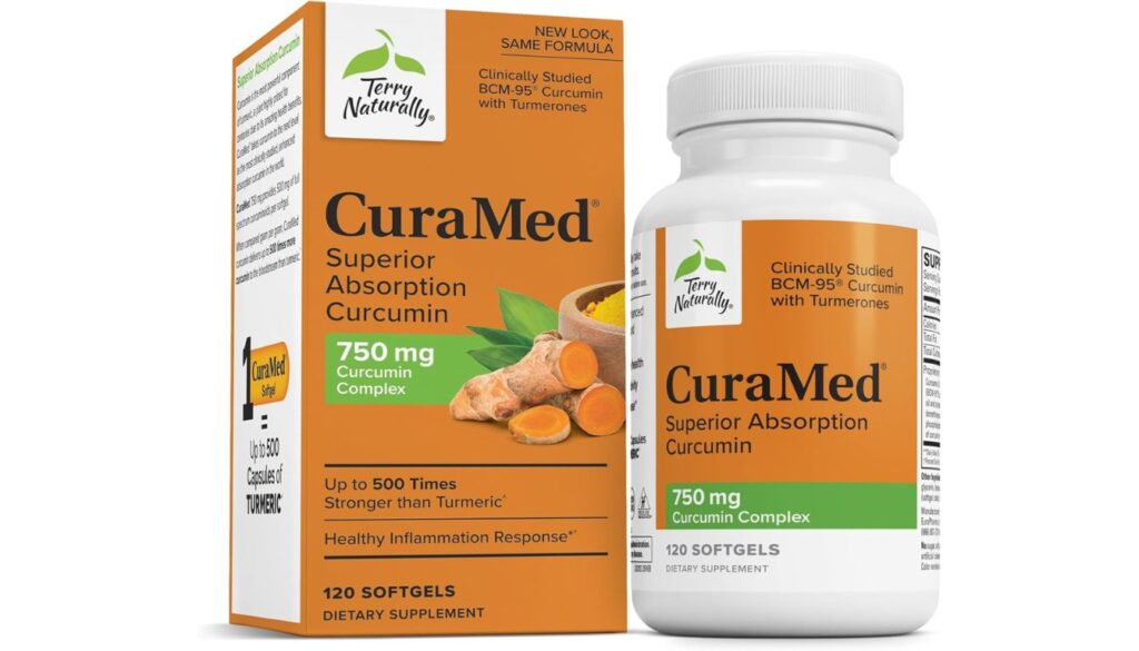 Terry Naturally CuraMed curcumin supplement bottle and box with 750 mg softgels