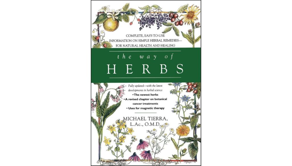 Cover of The Way of Herbs by Michael Tierra with botanical illustrations and green banner