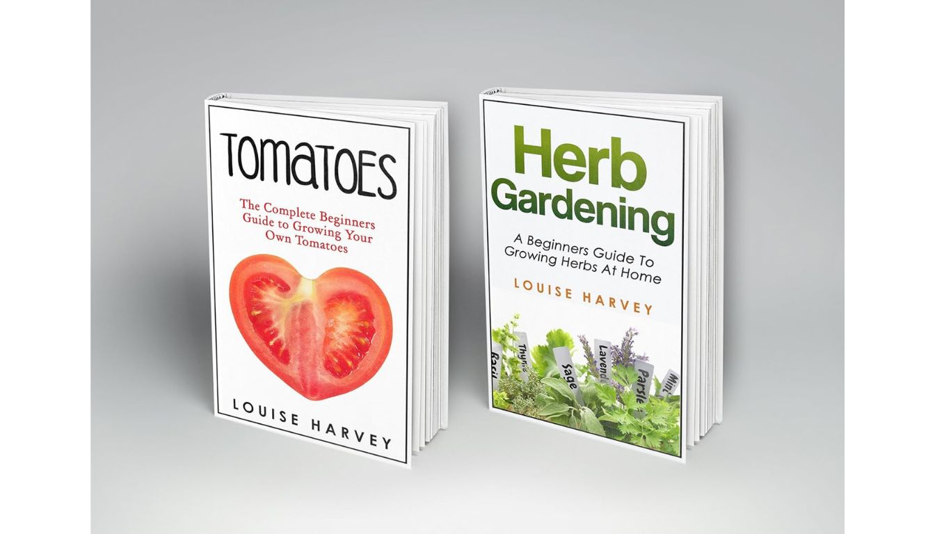 Covers of two beginner gardening books on tomatoes and herbs by Louise Harvey