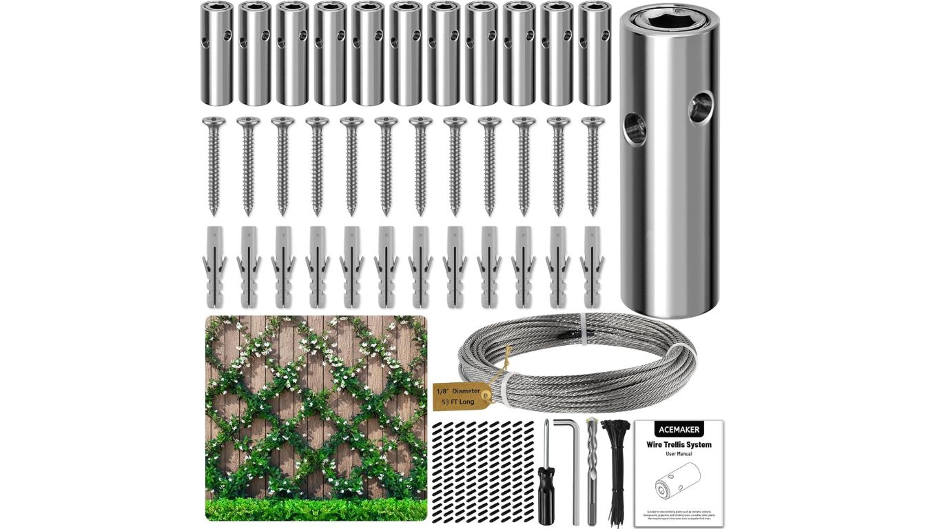 ACEMAKER wire trellis kit with connectors, steel wire, tools, and mounting template for climbing plants