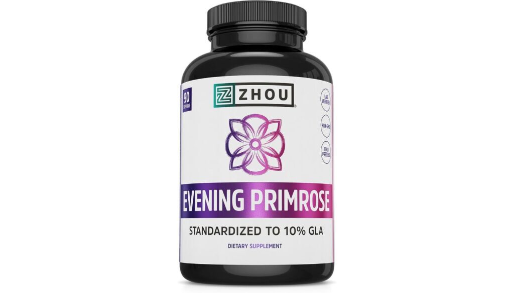 Zhou Evening Primrose Oil supplement bottle with 90 cold-pressed softgels