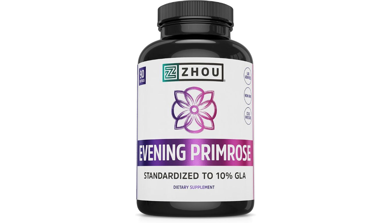 Zhou Evening Primrose Oil supplement bottle with 90 cold-pressed softgels