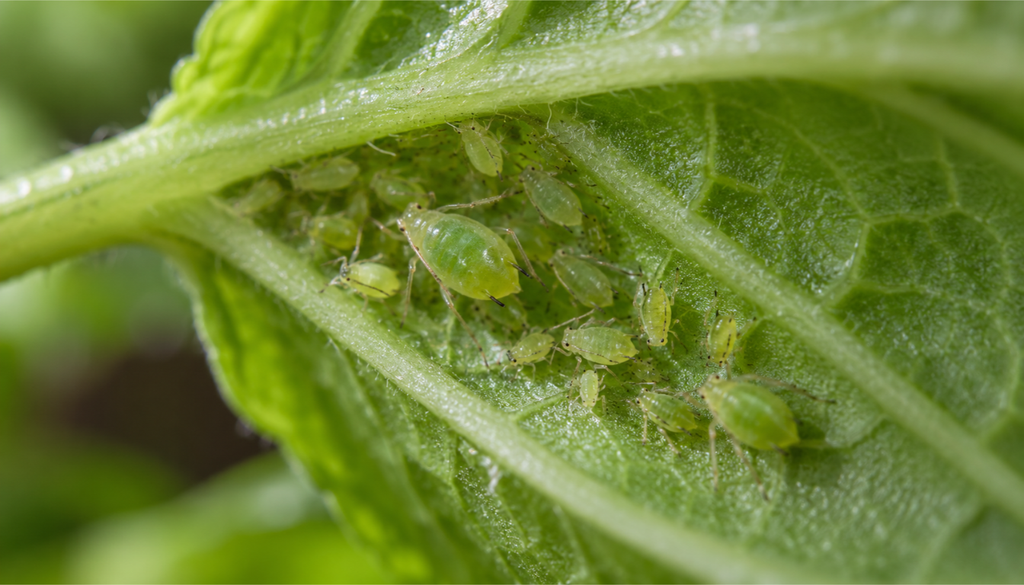 Tiny aphids clustered on the underside of a basil leaf