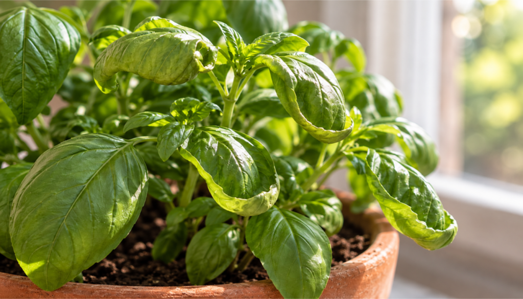 Basil plant with several leaves curling inward at the edges
