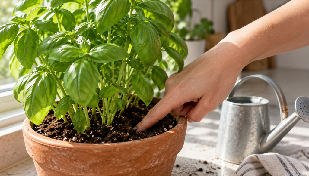 Finger checking the top inch of soil in a potted basil plant