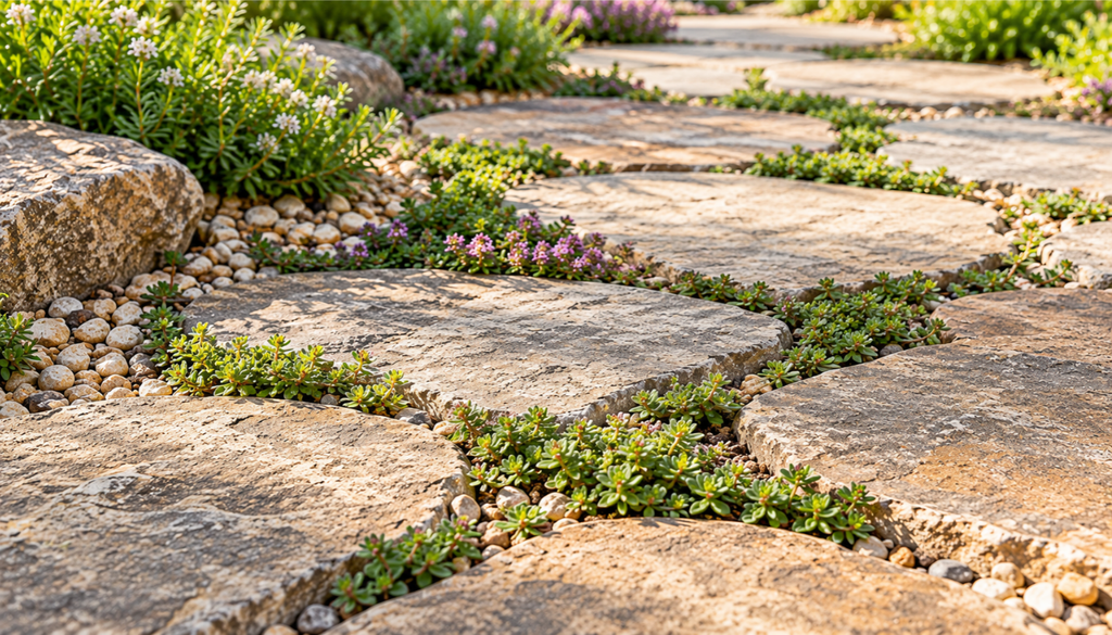 Young creeping thyme plants growing in the gaps between flagstones on a garden path