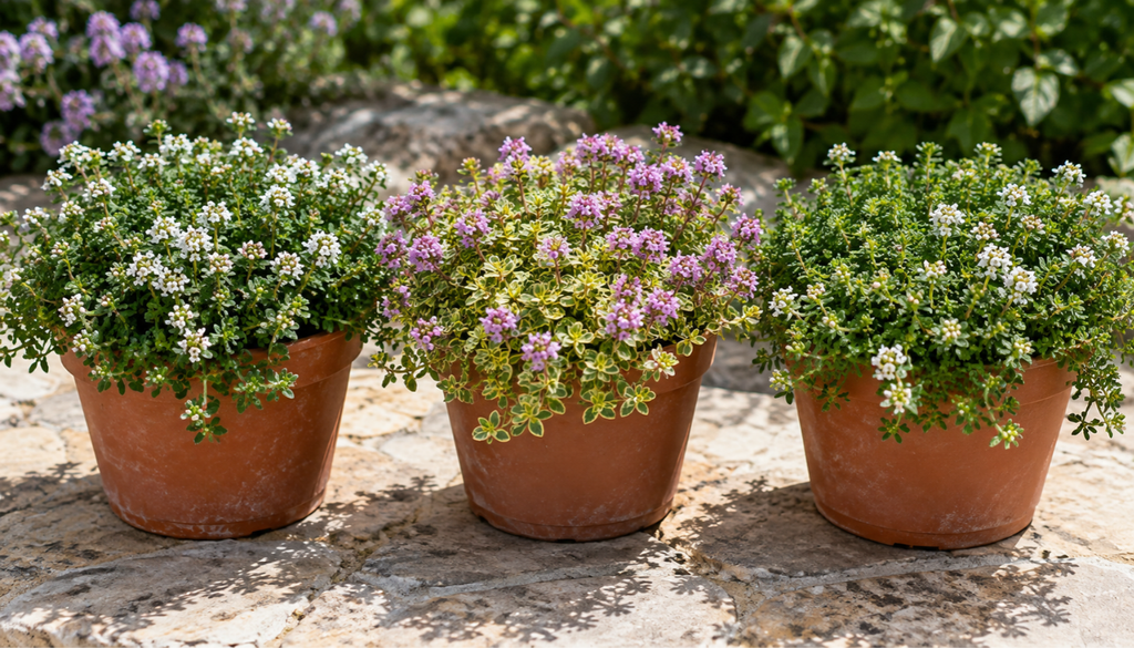 Three pots of creeping thyme with white flowers, mauve flowers and variegated yellow-green leaves
