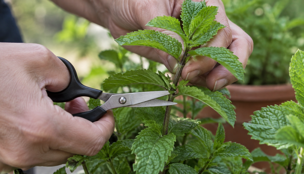 Cutting a mint stem just below a leaf node for propagation