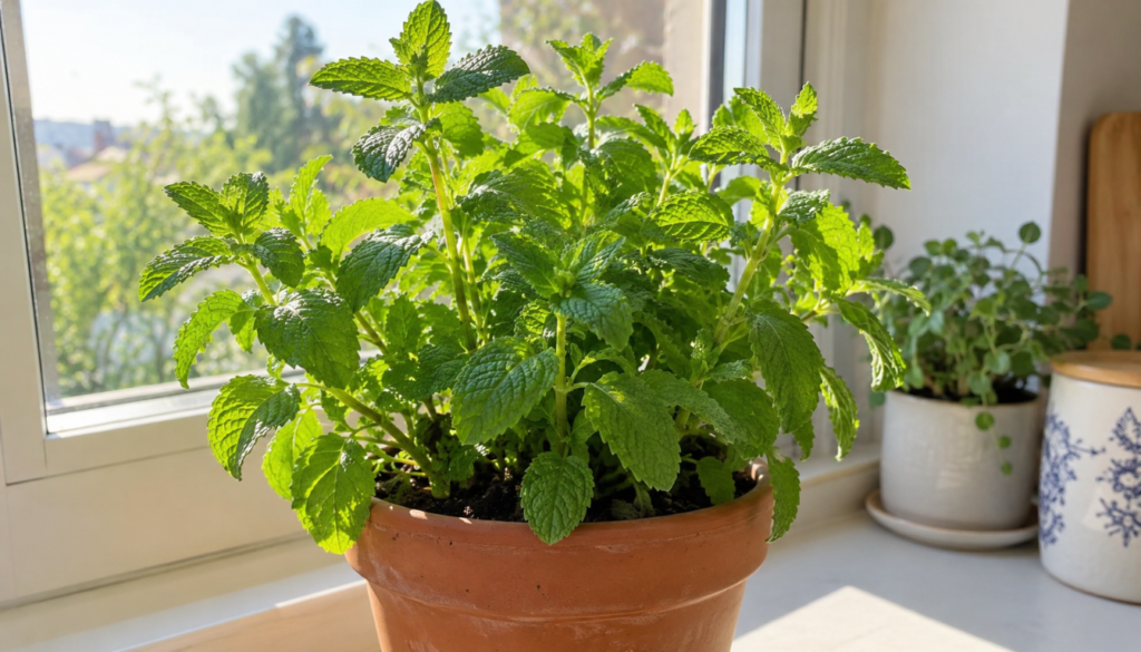 Healthy spearmint plant growing indoors on a windowsill