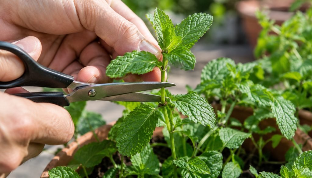 Harvesting mint by snipping stems above a leaf node